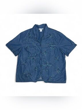 City Blues by Koret Vintage Floral Embroidered Blue Denim Jean Short Sleeve Top